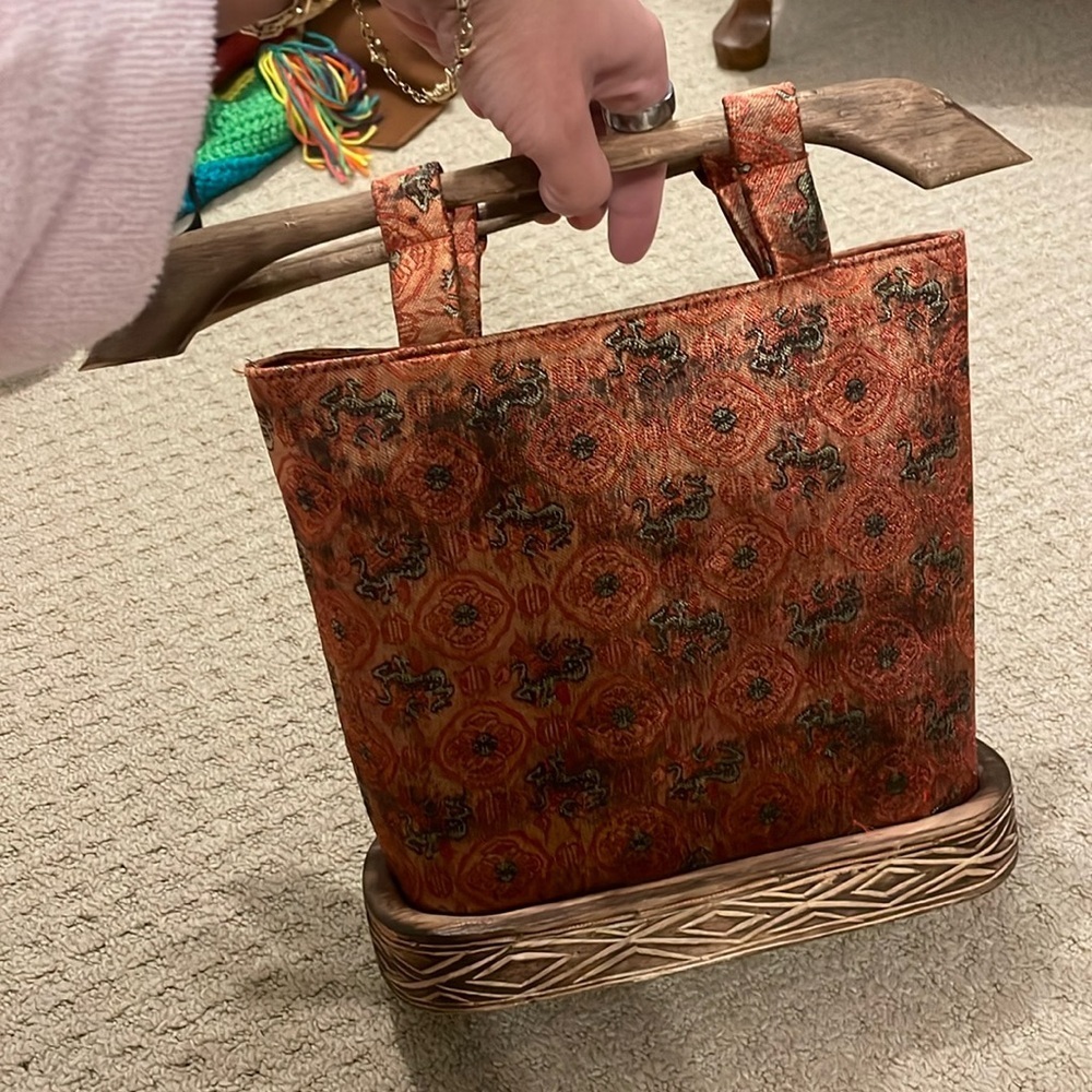 Blue moon, very unique, orange and green print wooden accent bag